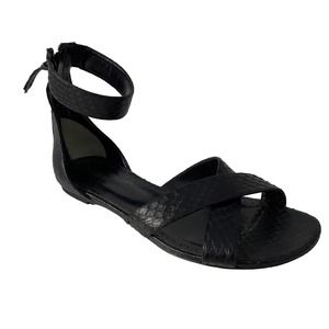 Alexa Wagner Black Sandal Leather Flat Criss Cross Open Toe Zip Snake An…